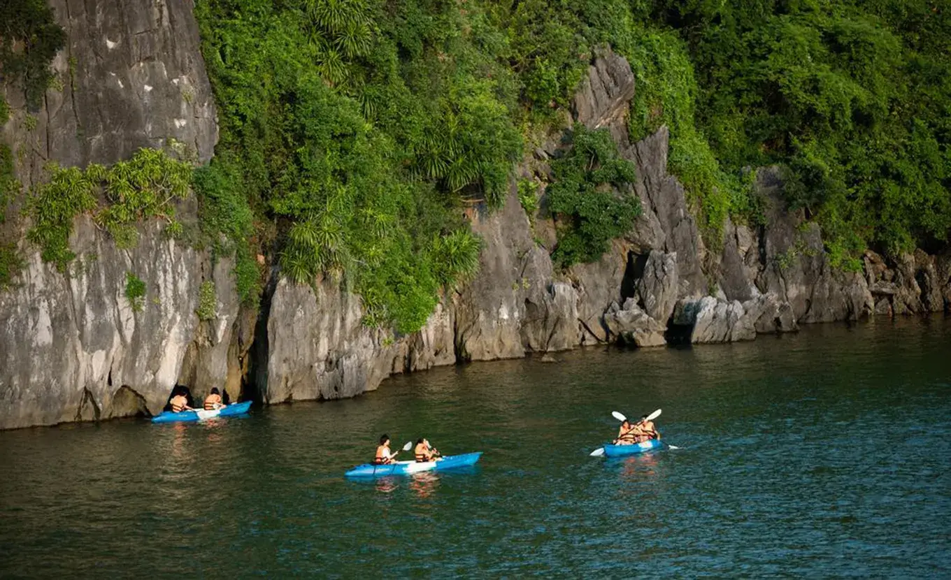 Canoeing through Halong Bay